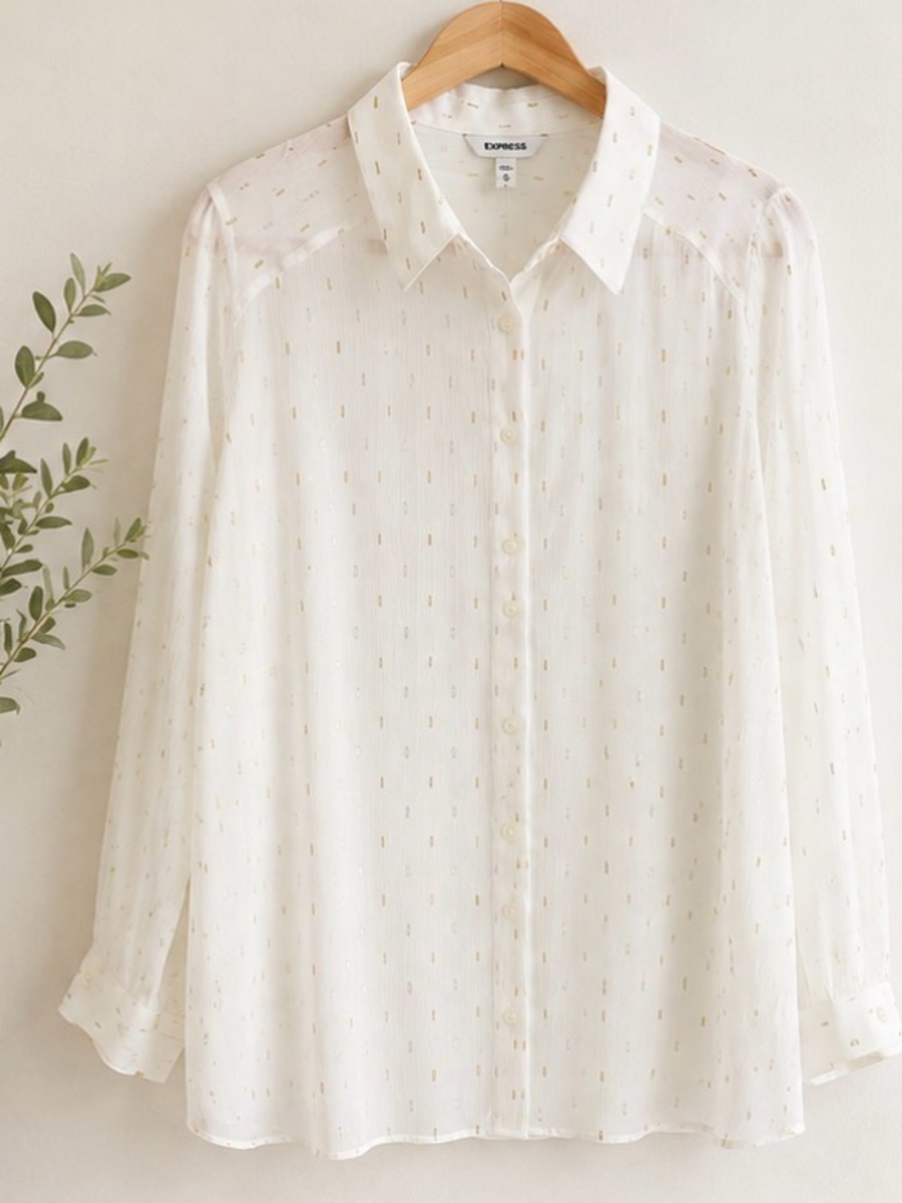Express Cream Sheer Button-Down Blouse with Metallic Accents